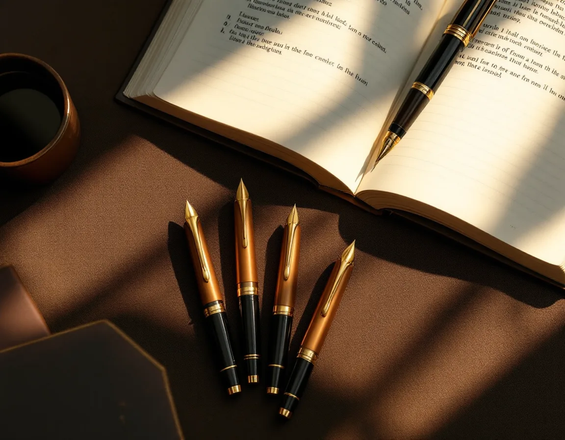 Three brass pens of increasing size laid in a row beside an open ledger
